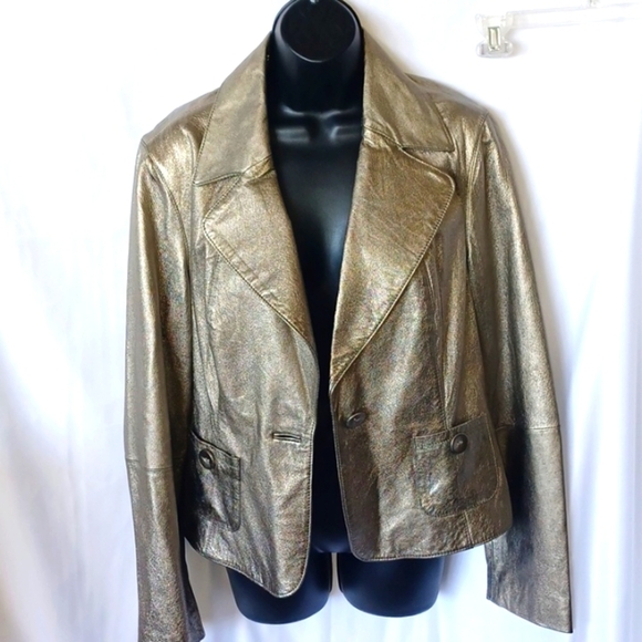 Spiegel Vintage Metallic Gold Soft Leather Women’s One Button Blazer Jacket - Picture 2 of 6